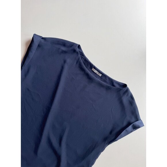 MM.LAFLEUR Betty Navy Blue Matte Crepe Cuffed Boat Neck Blouse Top, Size XL - Picture 6 of 14